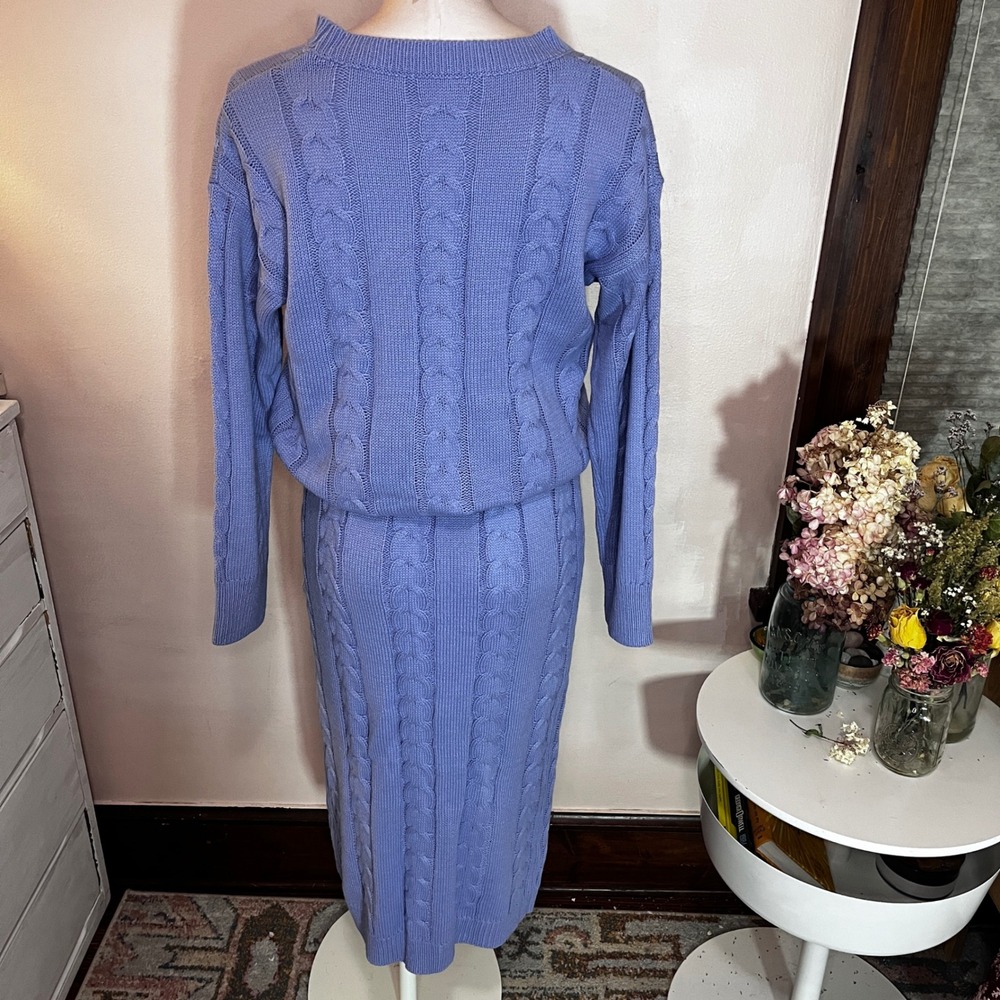 Periwinkle Purple Cable Knit Sweater Suit‎ Midi Skirt 2 Piece Set Womens Large - Picture 7 of 12